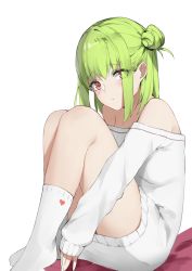 Rule 34 | 1girl, absurdres, alios arvin, bare shoulders, blush, closed mouth, commentary request, full body, green hair, hair bun, heart, heart print, highres, knees up, long sleeves, looking at viewer, medium hair, no shoes, off-shoulder sweater, off shoulder, original, print socks, red eyes, side bun, sidelocks, simple background, single side bun, sitting, sleeves past wrists, socks, solo, sweater, white background, white socks, white sweater