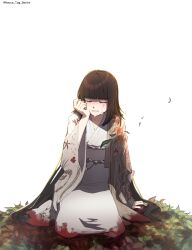 Rule 34 | 1girl, absurdres, black hair, blood, blood on clothes, blood splatter, blunt bangs, brown jacket, closed eyes, commentary, crying, facing viewer, falling leaves, fate/grand order, fate (series), feet out of frame, floral print, hand up, haori, highres, house tag denim, jacket, japanese clothes, kimono, komahime (fate), leaf, long hair, parted lips, seiza, simple background, sitting, solo, tears, very long hair, white background, white kimono, wiping tears