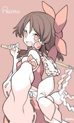 Rule 34 | 1girl, absurdres, artist name, bare shoulders, blush, bow, brown background, brown hair, character name, detached sleeves, gohei, hair bow, hair tubes, hakurei reimu, highres, holding, holding gohei, japanese clothes, long hair, looking at viewer, morino hon, nontraditional miko, open mouth, red bow, red eyes, red skirt, ribbon-trimmed sleeves, ribbon trim, sidelocks, signature, simple background, skirt, smile, solo, touhou, white sleeves, wide sleeves