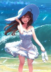Rule 34 | 1girl, beach, black hair, breasts, cleavage, day, dress, closed eyes, hat, highres, long hair, medium breasts, outdoors, potion lilac(popopotionu), shoes, unworn shoes, shore, sleeveless, solo, sun hat, sundress, water, white dress