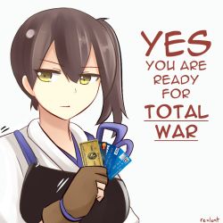 Rule 34 | 10s, 1girl, artist name, brown hair, credit card, english text, expressionless, gloves, kaga (kancolle), kantai collection, mastercard, muneate, partially fingerless gloves, rexlent, side ponytail, solo, upper body, yellow eyes