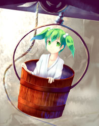 Rule 34 | 1girl, bucket, collarbone, female focus, green eyes, green hair, hair bobbles, hair ornament, in bucket, in container, kisume, long sleeves, matching hair/eyes, rope, sakura ani, smile, solo, touhou, twintails