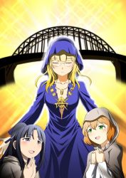 Rule 34 | 3girls, amelie planchard, black hair, blonde hair, blue eyes, bridge, cleavage, closed eyes, glasses, green eyes, hattori shizuka, hood, multiple girls, necklace, open mouth, orange hair, perrine h. clostermann, praying, steed (steed enterprise), strike witches, world witches series