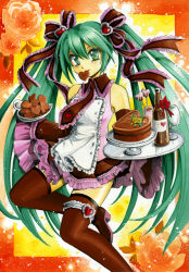 Rule 34 | 1girl, acrylic paint (medium), alcohol, boots, bridal garter, cake, detached sleeves, female focus, food, green eyes, green hair, hair ribbon, hatsune miku, heart, heart-shaped food, high heels, long hair, matching hair/eyes, mouth hold, myu-kimera, necktie, painting (medium), plant, ribbon, shoes, skirt, solo, thigh boots, thighhighs, traditional media, tray, twintails, valentine, very long hair, vocaloid, wine