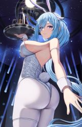Rule 34 | 1girl, absurdres, animal ears, arm strap, ass, azur lane, bare shoulders, blue eyes, blue hair, bottle, breasts, buran (22x), closed mouth, constellation (azur lane), constellation (galaxy&#039;s finest) (azur lane), cowboy shot, eyes visible through hair, fake animal ears, fake tail, from behind, hairband, hand up, highres, holding, holding tray, large breasts, leotard, long hair, looking at viewer, looking back, official alternate costume, pantyhose, playboy bunny, rabbit ears, rabbit tail, sideboob, skindentation, smile, solo, standing, strapless, strapless leotard, tail, thigh strap, tray, twisted torso, very long hair, white leotard, white pantyhose, wrist cuffs