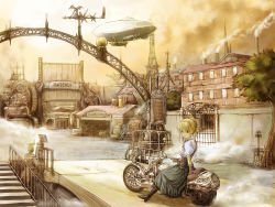 Rule 34 | 1girl, aircraft, blonde hair, blue eyes, boots, cervus, dirigible, gloves, machine, machinery, motor vehicle, motorcycle, pixiv steampunk, ponytail, solo, steam, steampunk, tree, vehicle, weather vane