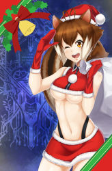 Rule 34 | 1girl, animal ears, antenna hair, arc system works, bag, bell, blazblue, blazblue: continuum shift, breasts, brown eyes, brown hair, christmas, cleavage, crop top, hat, highres, holly, makoto nanaya, midriff, miniskirt, mittens, navel, one eye closed, open mouth, purinnssu, red mittens, revealing clothes, ribbon, salute, santa costume, santa hat, short hair, skirt, solo, squirrel ears, squirrel tail, tail, underboob, wink