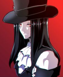 Rule 34 | 1boy, androgynous, bare shoulders, black hair, choker, guilty gear, guilty gear strive, hat, highres, long hair, looking at viewer, pale skin, piko (osso), red eyes, smile, solo, testament (guilty gear), thigh strap, trap