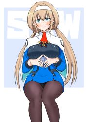 Rule 34 | 1girl, aqua eyes, black panties, black pantyhose, blue dress, blush, breasts, capelet, dress, earrings, ereka, hairband, highres, invisible chair, jewelry, large breasts, long hair, looking at viewer, military, military uniform, mitsuba greyvalley, necktie, own hands together, panties, panties under pantyhose, pantyhose, red necktie, short necktie, sitting, smile, solo, super robot wars, super robot wars 30, triangle earrings, twintails, underwear, uniform, white capelet, white hairband