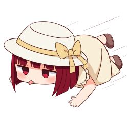 Rule 34 | 1girl, all fours, arima kana, blush, bow, brown bow, brown dress, brown footwear, chibi, closed mouth, commentary request, dress, full body, hana kazari, hat, hat bow, highres, jitome, oshi no ko, red eyes, red hair, shoes, short sleeves, solo, sun hat, tongue, tongue out, white background, white hat