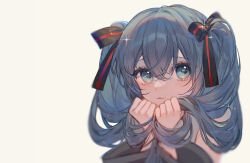 Rule 34 | 1girl, :3, black ribbon, blue eyes, blue hair, closed mouth, commentary, detached sleeves, hair between eyes, hair ribbon, hand in own hair, hands in hair, hatsune miku, highres, holding, holding own hair, long hair, looking at viewer, miku day, ribbon, simple background, smilesmile1312, solo, sparkle, striped ribbon, upper body, vocaloid, white background