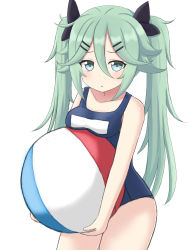 Rule 34 | 1girl, :o, alternate costume, alternate hairstyle, ball, beachball, black ribbon, blue one-piece swimsuit, blush, breast rest, breasts, collarbone, covered navel, cowboy shot, green hair, hair between eyes, hair flaps, hair ornament, hair ribbon, hairclip, hank (spider921), highres, kantai collection, long hair, one-piece swimsuit, ribbon, school swimsuit, simple background, small breasts, solo, swimsuit, twintails, white background, yamakaze (kancolle)