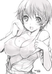 Rule 34 | 10s, 1girl, 2013, :d, artist name, bad id, bad twitter id, blush, breasts, cleavage, dated, covered erect nipples, idolmaster, idolmaster cinderella girls, kiya shii, large breasts, monochrome, oikawa shizuku, open clothes, open mouth, short hair, sketch, sleeves rolled up, smile, solo, sweat, wet, wet clothes