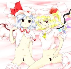 Rule 34 | 2girls, censored, cum, cum in pussy, flandre scarlet, flat chest, multiple girls, nonamejd, pussy, remilia scarlet, spread legs, spread pussy, touhou, zun (style)
