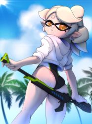 Rule 34 | + +, 1girl, absurdres, ass, bow, closed mouth, cloud, deep skin, earrings, expressionless, from below, gun, hero charger (splatoon), highres, holding, holding gun, holding weapon, idol, inkling, jacket, jacket over swimsuit, jewelry, light rays, looking at viewer, marie (splatoon), mask, mole, mole under eye, nintendo, one-piece swimsuit, outdoors, palm tree, pointy ears, raised eyebrows, rifle, short hair, skindentation, sniper rifle, solo, squid, sunlight, swimsuit, tentacle hair, tobitobi90, tree, weapon, white jacket