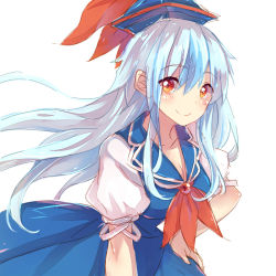 Rule 34 | 1girl, blue dress, blue hair, bow, breasts, cleavage, collarbone, collared dress, dress, hair between eyes, hand on own hip, hat, kamishirasawa keine, lilith (lilithchan), long hair, medium breasts, multicolored hair, neckerchief, puffy short sleeves, puffy sleeves, red bow, red eyes, red neckerchief, short sleeves, silver hair, simple background, solo, tokin hat, touhou, two-tone hair, white background
