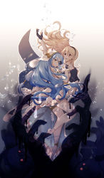 Rule 34 | 2girls, absurdres, air bubble, anklet, arm up, armor, artist name, azura (fire emblem), barefoot, blonde hair, blue hair, bridal gauntlets, bubble, corrin (female) (fire emblem), corrin (fire emblem), detached sleeves, dress, fire emblem, fire emblem fates, hairband, highres, jewelry, kazaki sera, long hair, looking at viewer, monster, multiple girls, nintendo, open hand, open mouth, outstretched arm, pointy ears, serious, underwater, very long hair, white dress, yellow eyes