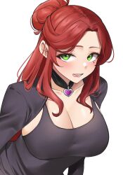 Rule 34 | 1girl, :d, black choker, black dress, black jacket, choker, commentary, dress, green eyes, hair bun, heart, heart choker, highres, jacket, long hair, long sleeves, looking at viewer, open mouth, original, pinepin, red hair, simple background, smile, solo, upper body, white background