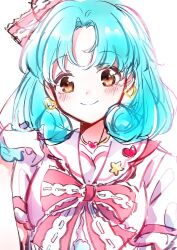 Rule 34 | 1girl, bad id, bad twitter id, blush, choker, commentary, earrings, green hair, heart, heart choker, heart earrings, highres, idolmaster, idolmaster million live!, jewelry, looking at viewer, neck ribbon, parted bangs, pink hair, ribbon, sailor collar, simple background, smile, solo, tm21, tokugawa matsuri, upper body, white background