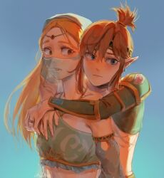 Rule 34 | 1boy, 1girl, arabian clothes, bare shoulders, blonde hair, blue background, blue eyes, breasts, closed mouth, cosplay, desert voe set (zelda), frown, gerudo set (zelda), gradient background, green eyes, highres, hug, hug from behind, jewelry, link, link (cosplay), long hair, looking at another, looking at viewer, mouth veil, nintendo, open mouth, pointy ears, princess zelda, psp26958748, ring, shoulder plates, small breasts, the legend of zelda, the legend of zelda: breath of the wild, upper body, veil
