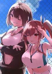 Rule 34 | absurdres, ahoge, arm tattoo, armpits, azur lane, baltimore (azur lane), baltimore (black ace) (azur lane), blouse, braid, breasts, bremerton (azur lane), bremerton (scorching-hot training) (azur lane), chest tattoo, cleavage, commentary request, cowboy shot, day, french braid, hair between eyes, hair intakes, head tilt, heart, heart necklace, highres, jewelry, looking at viewer, midriff, mole, mole under eye, navel, necklace, one eye closed, outdoors, ryou (ryo 217cafe), salute, shiny skin, shirt, short shorts, shorts, shoulder tattoo, sidelocks, sleeveless, sleeveless shirt, smile, sports bra, standing, tattoo, white shirt, white sports bra, wink