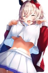 Rule 34 | 1girl, animal ears, blush, breasts, clothes lift, commentary request, curren chan (umamusume), closed eyes, highres, horse ears, horse girl, horse tail, nidaime (doronbo), open mouth, shirt lift, silver hair, solo, sweat, tail, umamusume, underboob, white background