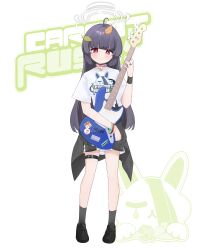 1girl absurdres alternate_costume belt black_hair black_jacket black_socks blue_archive clothes_around_waist collar cosplay electric_bass_guitar full_body guitar halo highres hime_cut holding instrument jacket jacket_around_waist kazusa_(band)_(blue_archive) kazusa_(blue_archive) kazusa_(blue_archive)_(cosplay) logo_parody logo_print looking_at_viewer meliach miyu_(blue_archive) print_shirt shirt skirt socks solo t-shirt thigh_belt thigh_strap white_shirt white_skirt