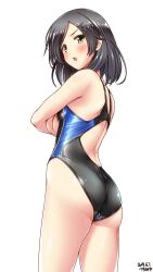 Rule 34 | 1girl, alternate costume, artist name, ass, back, black one-piece swimsuit, blue one-piece swimsuit, blush, collarbone, competition swimsuit, covered navel, covering privates, covering breasts, cowboy shot, dated, hair between eyes, highres, kantai collection, kuroshio (kancolle), kuroshio kai ni (kancolle), long hair, looking at viewer, one-piece swimsuit, open mouth, simple background, solo, standing, swimsuit, tsuchimiya, white background