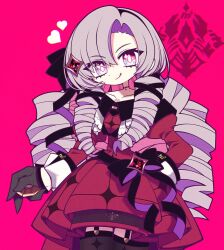 Rule 34 | 1girl, :p, black bow, black gloves, bow, collarbone, dress, drill hair, funamusea (artist), gloves, hair ornament, hairband, half gloves, heart, highres, hyakumantenbara salome, hyakumantenbara salome (1st costume), nijisanji, off-shoulder dress, off shoulder, pink background, purple eyes, purple hair, sleeve cuffs, solo, tattoo, tongue, tongue out, virtual youtuber