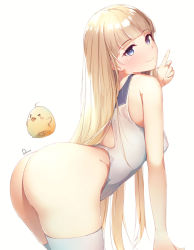 Rule 34 | ahoge, artist name, ass, azur lane, bird, blonde hair, blue eyes, blush, blush stickers, breasts, closed mouth, commentary request, competition swimsuit, covered erect nipples, cowboy shot, dermar, eyebrows, hand up, head tilt, highres, icarus (azur lane), icarus (nereid&#039;s discovery) (azur lane), long hair, manjuu (azur lane), one-piece swimsuit, one eye closed, simple background, small breasts, smile, solo, swimsuit, thighhighs, water, wet, white background, white one-piece swimsuit, white thighhighs