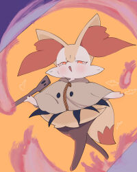 Rule 34 | 1girl, animal ear fluff, animal ears, animal nose, black fur, blush, body fur, braixen, brown capelet, capelet, clothed pokemon, cosplay, creatures (company), fang, female focus, fire, fox ears, fox girl, fox tail, full body, furry, furry female, game freak, gen 6 pokemon, gen 7 pokemon, half-closed eyes, happy, heart, highres, holding, holding stick, looking at viewer, mimikyu, mimikyu (cosplay), multicolored fur, nintendo, open mouth, orange background, orange eyes, pokemon, pokemon (creature), sakuyan (sakuyan1007), smile, snout, solo, standing, stick, tail, walking, white fur, yellow fur, zipper, zipper pull tab