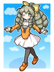Rule 34 | 1girl, absurdres, ascot, black pantyhose, blue background, blush, bow, brown hair, eruru (erl), full body, goggles, goggles on head, green eyes, hair bow, highres, long hair, looking at viewer, maria balthasar, no nose, one eye closed, orange footwear, orange shirt, pantyhose, ringlets, shirt, shoes, skirt, smile, solo, standing, white skirt, xenogears, yellow bow