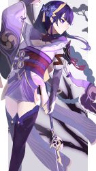 Rule 34 | 1girl, absurdres, anatom orange, armor, bad id, bad pixiv id, braid, breasts, bridal gauntlets, cleavage, coattails, commentary request, floral print, flower, genshin impact, grey background, hair ornament, highres, holding, holding polearm, holding spear, holding weapon, japanese clothes, kimono, large breasts, long hair, long sleeves, looking to the side, mitsudomoe (shape), mole, mole under eye, naginata, nail polish, obi, obiage, obijime, open mouth, polearm, purple eyes, purple flower, purple hair, purple nails, raiden shogun, ribbon, sash, shoulder armor, simple background, solo, spear, tassel, thighhighs, tomoe (symbol), weapon, white background, wide sleeves