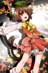 Rule 34 | 1girl, animal ears, bad id, bad pixiv id, bobby socks, bow, brown hair, cat ears, cat girl, cat tail, chen, earrings, fang, female focus, frills, gradient background, hat, jewelry, leaf, light, long sleeves, looking away, maple leaf, multiple tails, myutsusama, no nose, open mouth, outstretched arms, petticoat, red eyes, sash, shadow, shirt, short hair, single earring, skirt, socks, solo, tail, teeth, tongue, touhou, vest, white socks