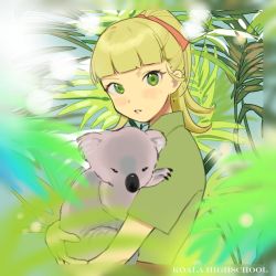 Rule 34 | 1girl, animal, bad id, bad twitter id, blurry, blurry foreground, brown shirt, commentary, day, english text, girls und panzer, hair ribbon, holding, holding animal, koala, koala forest military uniform, looking at viewer, medium hair, outdoors, palm tree, parted lips, ponytail, red ribbon, ribbon, shirt, short sleeves, solo, standing, sumiredoljo, tree, wallaby (girls und panzer)