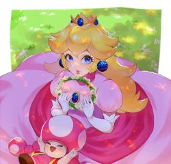 Rule 34 | 2girls, blonde hair, blue eyes, brooch, closed eyes, crown, dress, earrings, elbow gloves, from above, gloves, grass, holding, holding wreath, jewelry, long hair, looking at viewer, looking up, mario (series), multiple girls, nintendo, open mouth, pink dress, princess peach, puffy short sleeves, puffy sleeves, red vest, short sleeves, sphere earrings, toadette, vest, white gloves, yoghurt umauma