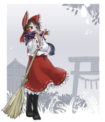 Rule 34 | 1girl, adapted costume, black eyes, boots, broom, brown hair, chamaji, commentary, cross-laced footwear, dress, full body, hair ribbon, hair tubes, hakurei reimu, highres, holding, holding broom, jitome, long sleeves, medium hair, nontraditional miko, outdoors, own hands together, petticoat, purple scarf, red dress, red ribbon, ribbon, scarf, solo, standing, torii, touhou, wide sleeves, winter