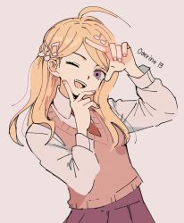 Rule 34 | 1girl, ;d, ahoge, akamatsu kaede, blonde hair, breasts, commentary, cowboy shot, danganronpa (series), danganronpa v3: killing harmony, fortissimo, hair ornament, hairclip, highres, jewelry, long hair, long sleeves, looking at viewer, musical note, musical note hair ornament, necktie, one eye closed, open mouth, overine19, shirt, skirt, smile, solo, sweater, sweater vest, swept bangs, teeth, upper body, white shirt