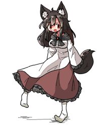 Rule 34 | 1girl, animal ear fluff, animal ears, blush, brooch, brown hair, commentary request, dot nose, dress, imaizumi kagerou, jewelry, kasuya baian, long hair, long sleeves, neckerchief, open mouth, red eyes, red skirt, shirt, skirt, socks, solo, sweatdrop, tail, touhou, white background, white shirt, wolf ears, wolf girl, wolf tail