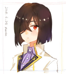 1girl alternate_hair_length alternate_hairstyle artist_name black_hair blush collared_shirt dated hair_over_one_eye jacket kumin_(6939359) looking_at_viewer one_eye_covered origami_yukari parted_lips portrait purple_shirt red_eyes shirt short_hair simple_background solo striped_clothes striped_shirt toji_no_miko upper_body white_background white_jacket