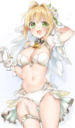 Rule 34 | 10s, 1girl, :d, adapted costume, arm up, bare shoulders, bikini, blonde hair, breasts, chain, cleavage, commentary request, detached sleeves, fate/extra, fate/extra ccc, fate/grand order, fate (series), flower, gloves, gluteal fold, green eyes, hair between eyes, hair flower, hair intakes, hair ornament, highres, large breasts, lock, looking at viewer, navel, nero claudius (bride) (fate), nero claudius (bride) (second ascension) (fate), nero claudius (fate), nero claudius (fate) (all), open mouth, padlock, puffy short sleeves, puffy sleeves, short sleeves, sino (sionori), smile, solo, sweat, swimsuit, thigh strap, veil, white background, white bikini, white flower, white gloves