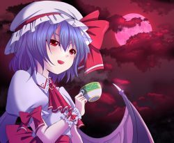 Rule 34 | 1girl, bat wings, blue hair, brooch, cloud, cup, female focus, full moon, hat, jewelry, mimika (puetilun), moon, open mouth, puetilun, red eyes, red moon, red sky, remilia scarlet, short hair, sky, smile, solo, teacup, touhou, wings, wrist cuffs
