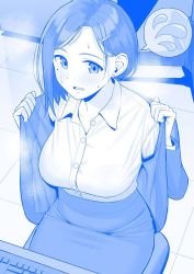 Rule 34 | 1girl, blue theme, breasts, getsuyoubi no tawawa, gyouza pudding, himura kiseki (style), kouhai-chan (tawawa), large breasts, long hair, monochrome, office lady, open mouth, sweat, tawawa group