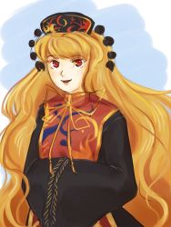 Rule 34 | 1girl, black dress, chinese clothes, cowboy shot, dress, hair ornament, hands in opposite sleeves, hat, junko (touhou), lionrion, lips, long hair, long sleeves, looking at viewer, open mouth, orange hair, pom pom (clothes), red eyes, ribbon, smile, solo, tabard, touhou, upper body, wide sleeves