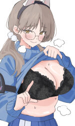 Rule 34 | 1girl, animal ears, black bra, blue archive, blue skirt, blue sweater, blush, bra, breasts, brown eyes, brown hair, cleavage, closed mouth, curvy, fake animal ears, glasses, highres, huge breasts, large breasts, long hair, long sleeves, looking at viewer, low twintails, moe (blue archive), pleated skirt, plump, rabbit ears, round eyewear, simple background, skirt, smile, solo, sweater, tsumayouji (tumayog), twintails, underwear, white background, white skirt