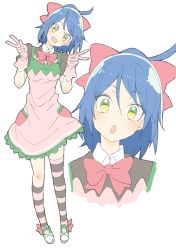 Rule 34 | 1girl, :d, :o, absurdres, ahoge, asymmetrical legwear, bad id, bad twitter id, blue hair, blush, bow, bowtie, collared shirt, donguri suzume, double v, dress, fang, footwear bow, gloves, green eyes, green footwear, hair bow, hands up, head tilt, highres, horizontal-striped legwear, multicolored eyes, multiple views, open mouth, original, pink gloves, red bow, red neckwear, shirt, shoes, simple background, smile, striped clothes, striped legwear, striped thighhighs, thighhighs, uneven legwear, v, white background, wing collar, yellow eyes