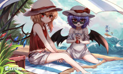 Rule 34 | 4girls, absurdres, alternate costume, bare shoulders, bat wings, beach, between legs, blonde hair, blue bow, blue dress, blue hair, bow, cirno, closed mouth, contemporary, cup, daiyousei, day, dress, drinking straw, fairy wings, fang, flandre scarlet, green hair, hair between eyes, hair bow, hand between legs, hat, hat ribbon, highres, holding, holding cup, looking at viewer, medium hair, mouth hold, multicolored wings, multiple girls, on ground, open mouth, outdoors, pinafore dress, puffy short sleeves, puffy sleeves, purple hair, red eyes, red ribbon, red shirt, remilia scarlet, ribbon, shirt, short sleeves, shorts, sitting, sleeveless, sleeveless dress, sleeveless shirt, striped towel, sunglasses, surfing, top-exerou, touhou, towel, water, waves, white dress, white headwear, white shirt, white shorts, white towel, wings