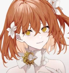 Rule 34 | 1girl, bow, dress, fate/grand order, fate (series), fujimaru ritsuka (female), fujimaru ritsuka (female) (fgo orchestra), gloves, gradient background, grey background, light blush, light smile, long hair, looking at viewer, nozz177, official alternate costume, one side up, orange eyes, orange hair, portrait, side ponytail, simple background, sleeveless, sleeveless dress, smile, solo, white bow, white gloves, yellow eyes