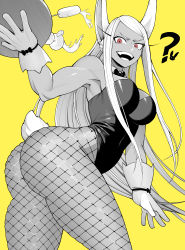 Rule 34 | 1girl, :d, ?, absurdres, animal ears, armpits, ass, bare shoulders, black bow, black bowtie, black leotard, boku no hero academia, bow, bowtie, breasts, bunny day, champagne flute, covered navel, cowboy shot, cup, dark-skinned female, dark skin, detached collar, drinking glass, fishnet pantyhose, fishnets, gloves, greyscale with colored background, highleg, highleg leotard, highres, holding, holding tray, koyap, large breasts, leotard, long eyelashes, long hair, looking at viewer, mirko, open mouth, pantyhose, rabbit ears, rabbit girl, rabbit tail, red eyes, smile, solo, spilling, strapless, strapless leotard, swept bangs, tail, teeth, thick thighs, thighs, toned, tray, twisted torso, very long hair, white gloves, white hair, yellow background