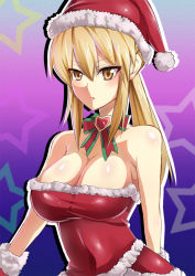 Rule 34 | 1girl, arm behind back, bare arms, bare shoulders, blonde hair, breasts, christmas, cleavage, dress, female focus, gloves, gradient background, hat, large breasts, long hair, looking at viewer, neck, nishida megane, purple background, red dress, santa dress, santa hat, shin sangoku musou, solo, standing, star (symbol), starry background, strapless, strapless dress, upper body, wang yuanji, yellow eyes